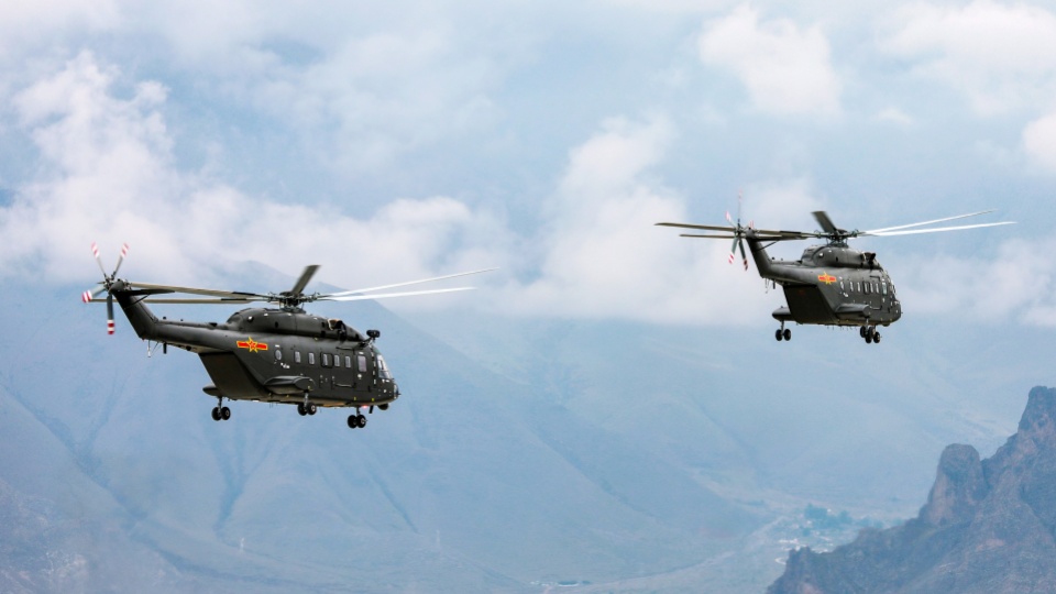 Multi-type helicopters fly over valley